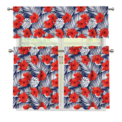 Red Hibiscus Tropical Pattern Print 3 Piece Kitchen Curtains