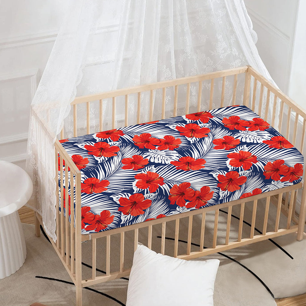 Red Hibiscus Tropical Pattern Print Baby Crib Sheet