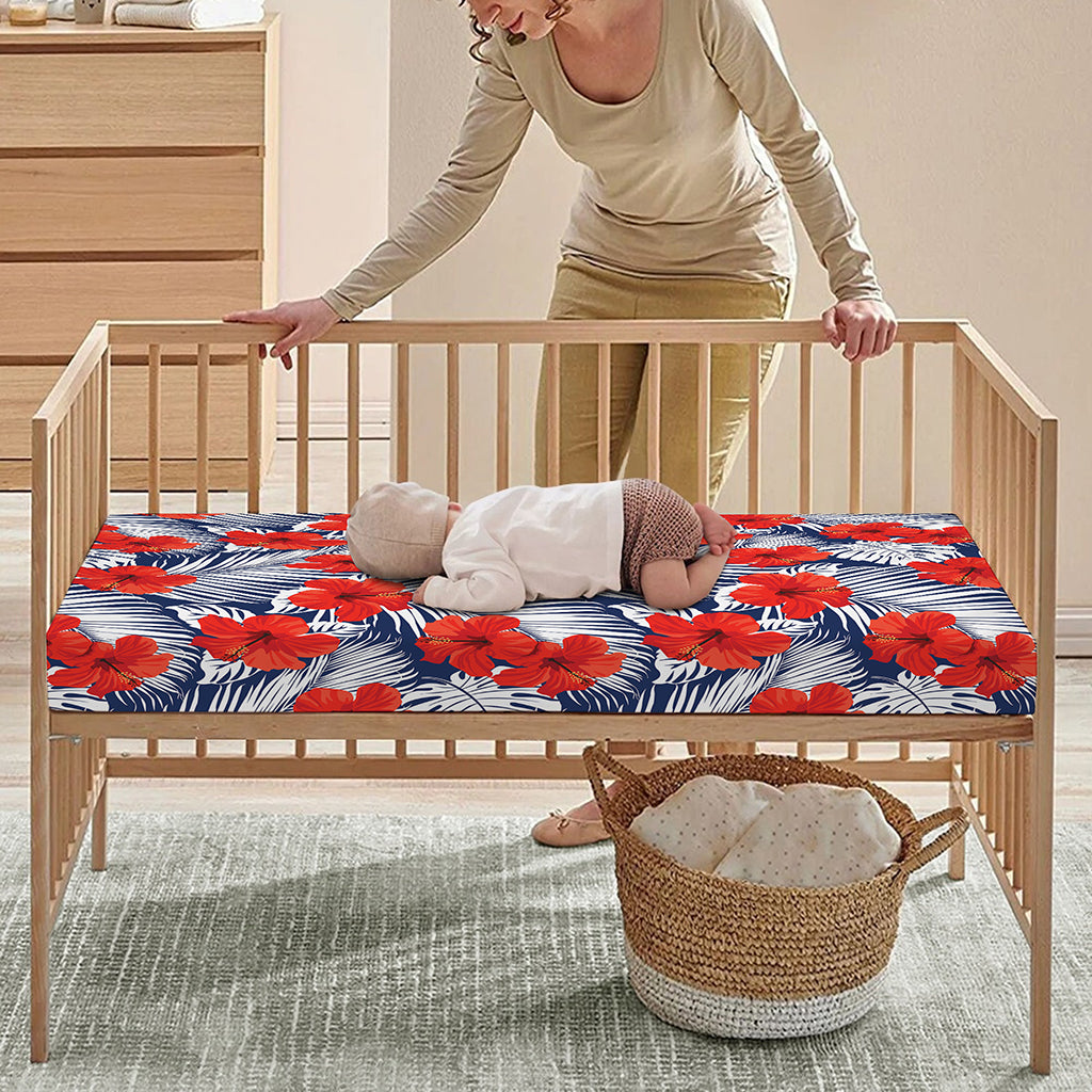 Red Hibiscus Tropical Pattern Print Baby Crib Sheet
