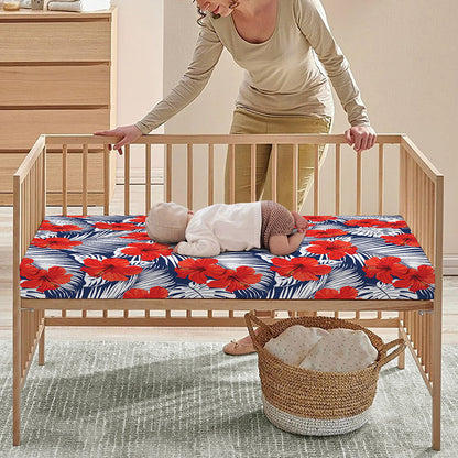 Red Hibiscus Tropical Pattern Print Baby Crib Sheet