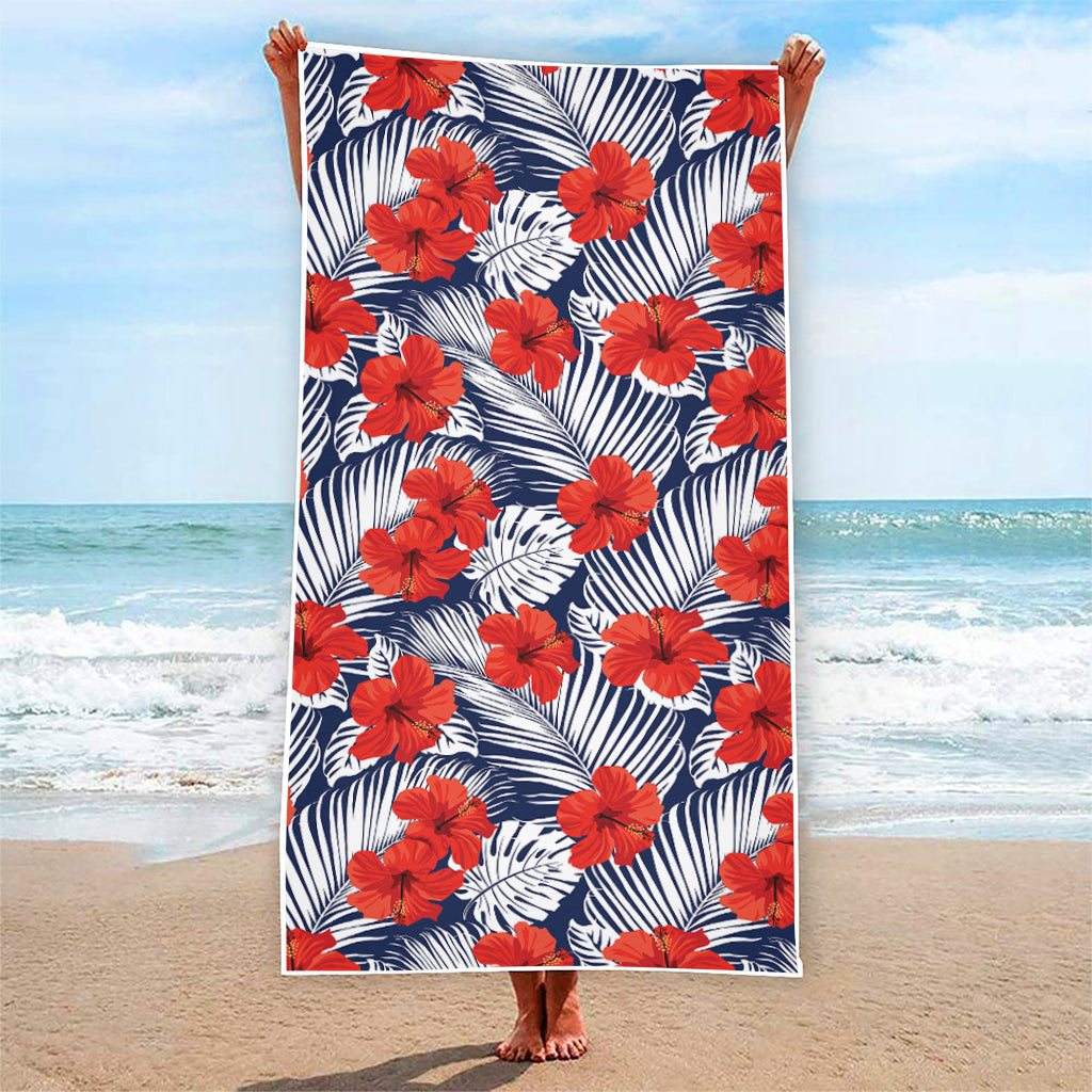 Red Hibiscus Tropical Pattern Print Beach Towel