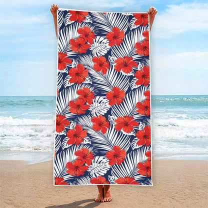Red Hibiscus Tropical Pattern Print Beach Towel