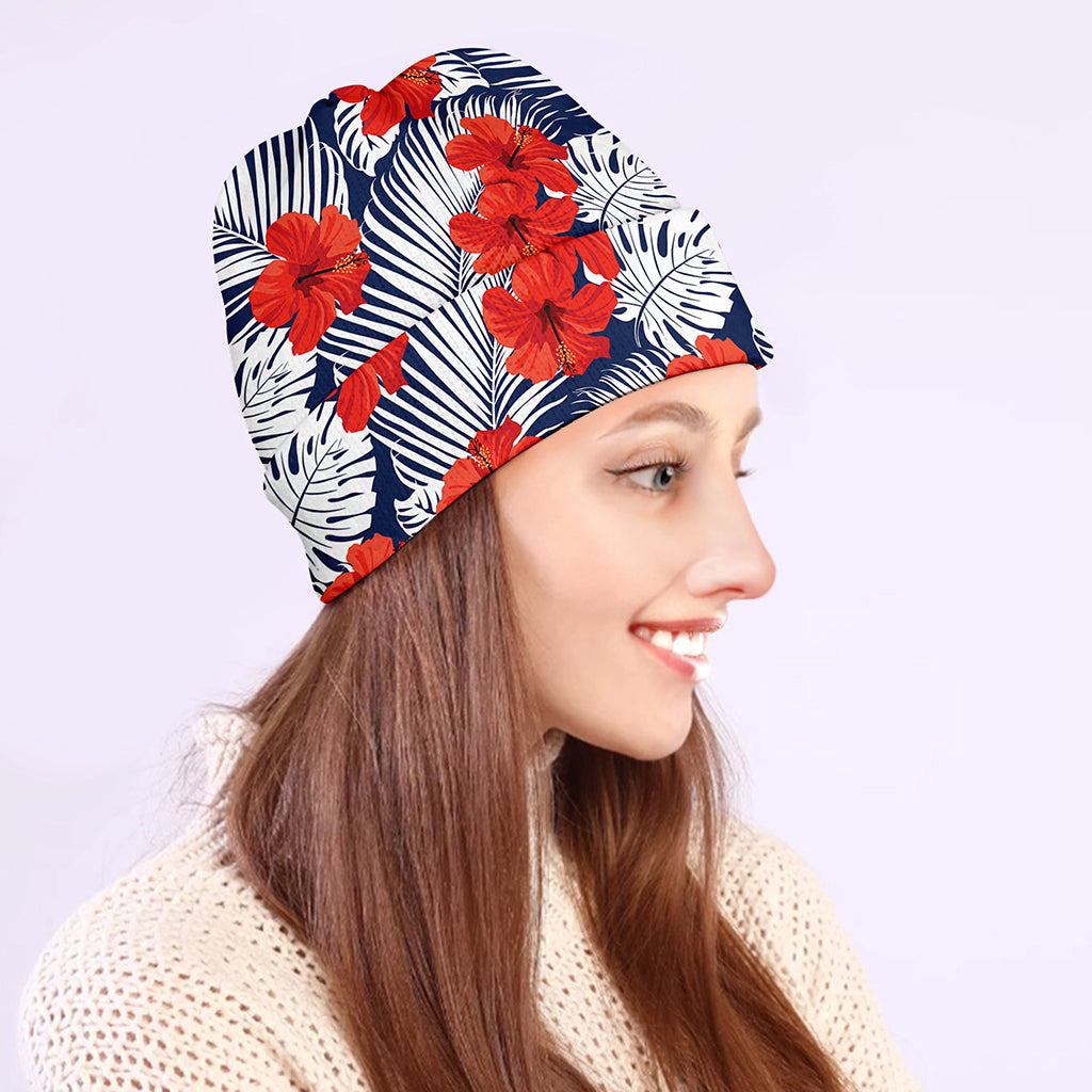 Red Hibiscus Tropical Pattern Print Beanie