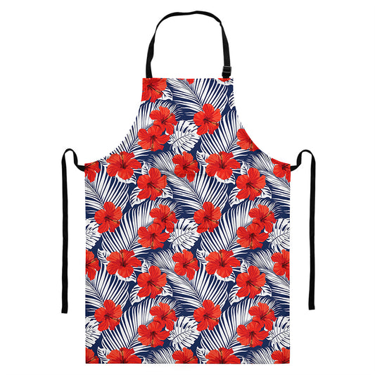 Red Hibiscus Tropical Pattern Print Bib Apron With Pocket