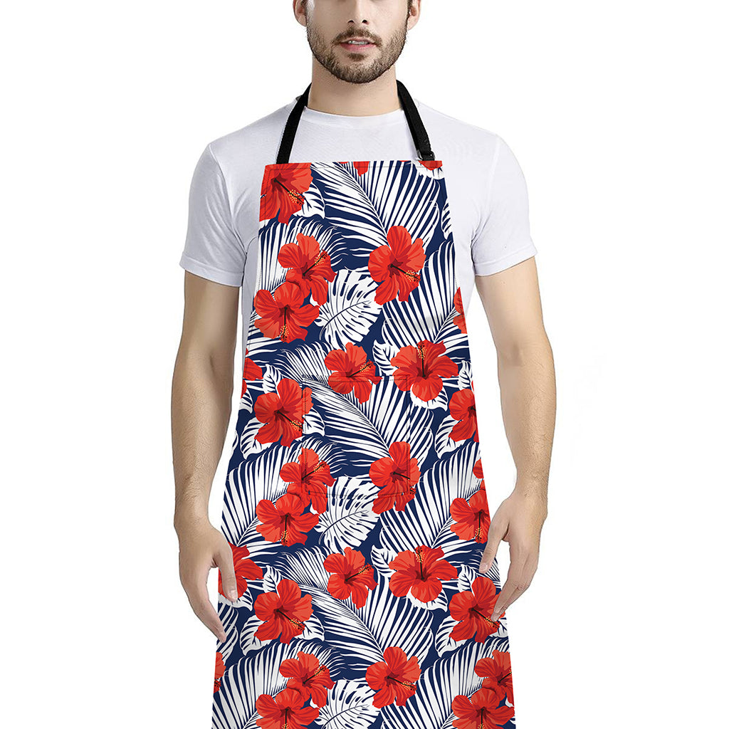 Red Hibiscus Tropical Pattern Print Bib Apron With Pocket