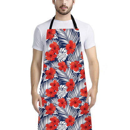 Red Hibiscus Tropical Pattern Print Bib Apron With Pocket