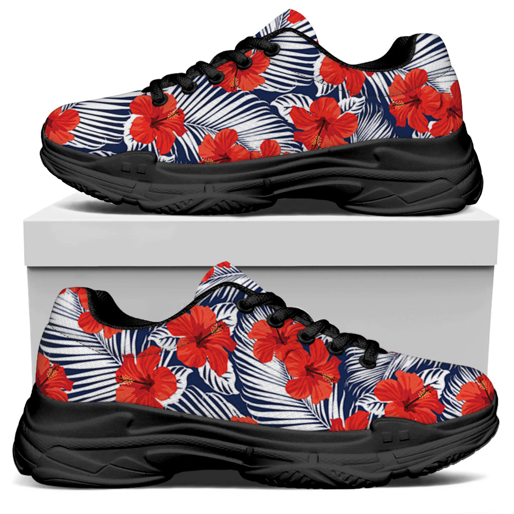 Red Hibiscus Tropical Pattern Print Black Chunky Shoes