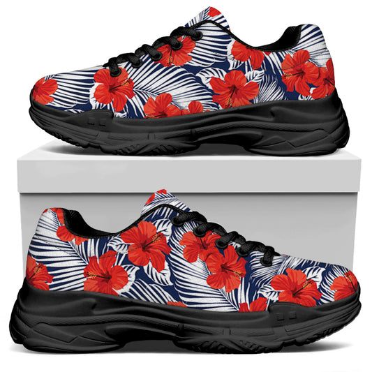 Red Hibiscus Tropical Pattern Print Black Chunky Shoes