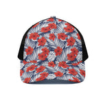Red Hibiscus Tropical Pattern Print Black Mesh Trucker Cap
