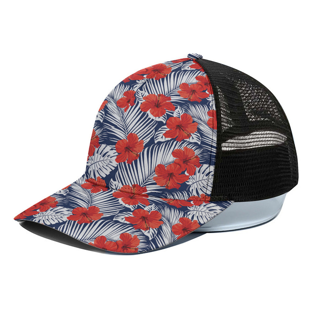 Red Hibiscus Tropical Pattern Print Black Mesh Trucker Cap