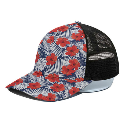 Red Hibiscus Tropical Pattern Print Black Mesh Trucker Cap