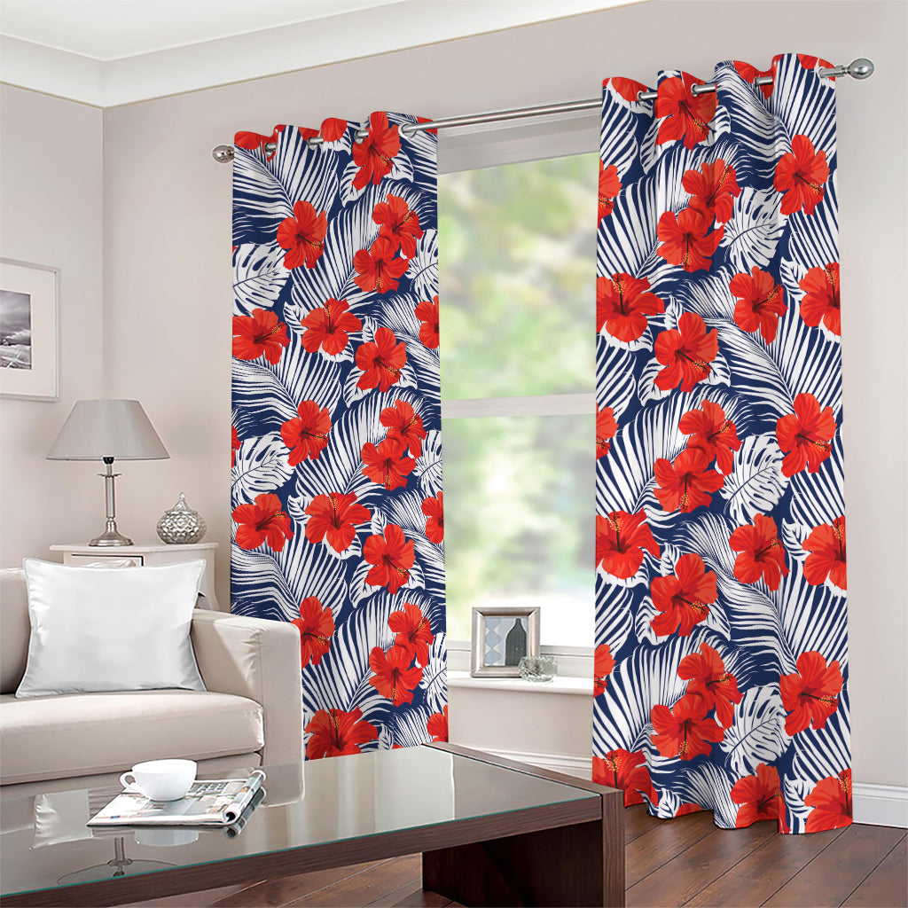 Red Hibiscus Tropical Pattern Print Blackout Grommet Curtains