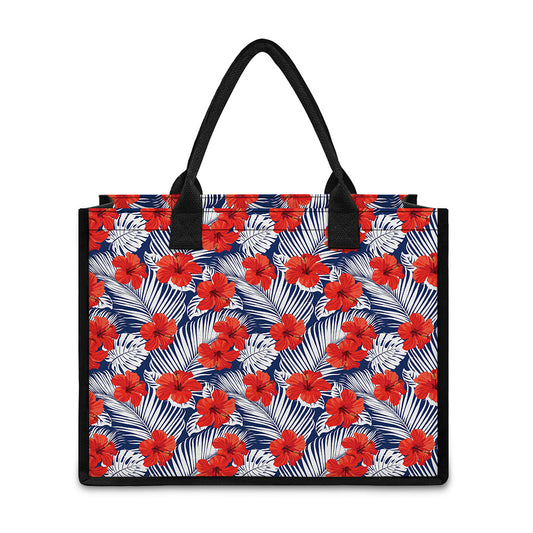 Red Hibiscus Tropical Pattern Print Canvas Tote Bag