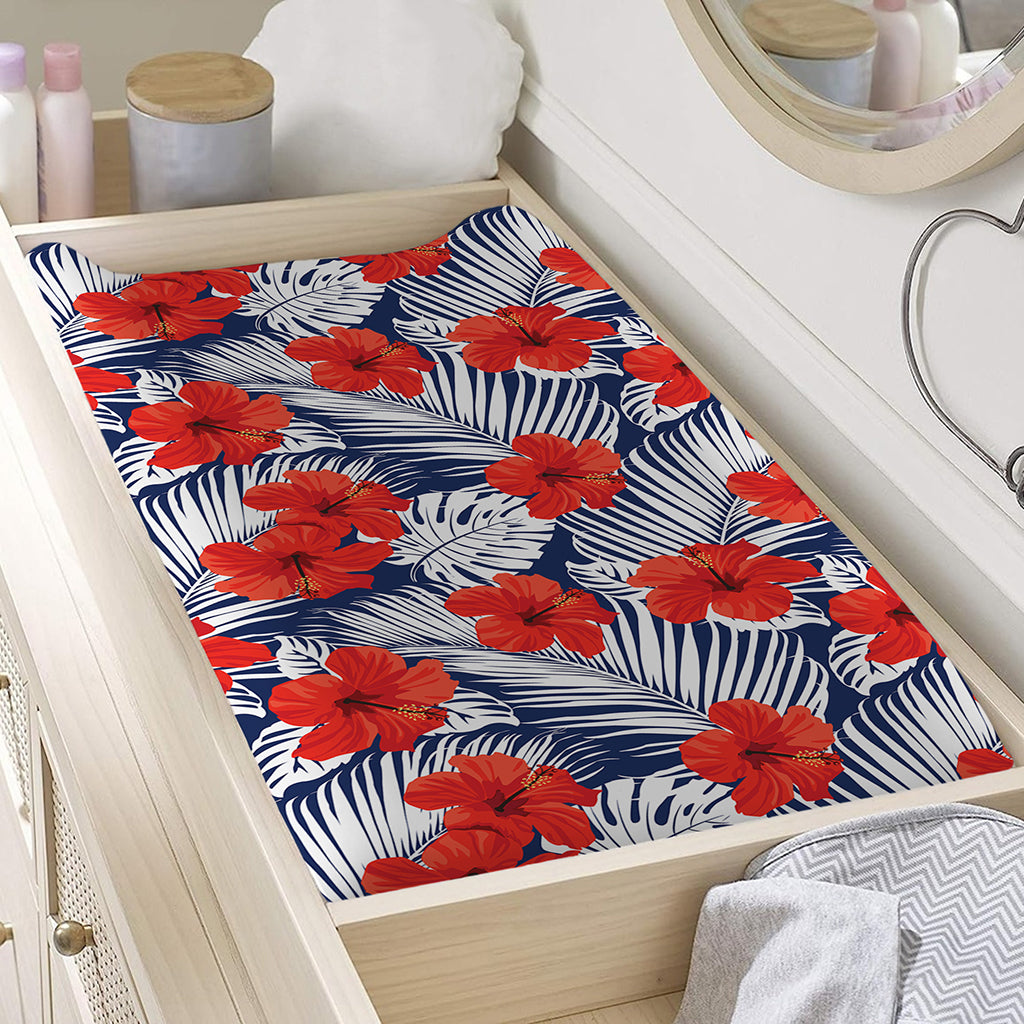 Red Hibiscus Tropical Pattern Print Changing Pad Cover