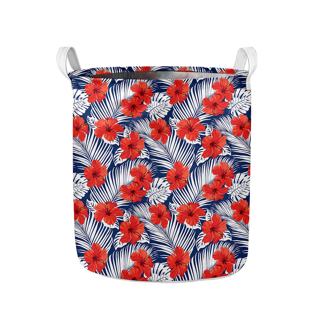 Red Hibiscus Tropical Pattern Print Collapsible Laundry Basket