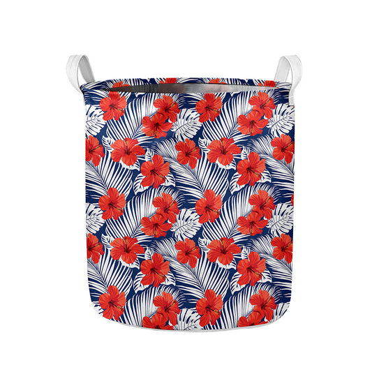 Red Hibiscus Tropical Pattern Print Collapsible Laundry Basket