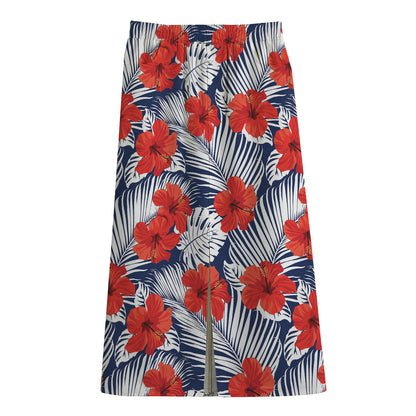 Red Hibiscus Tropical Pattern Print Cotton Front Slit Maxi Skirt