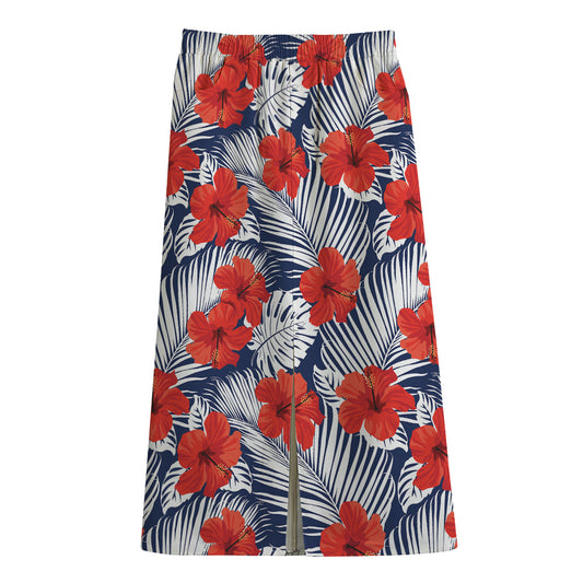 Red Hibiscus Tropical Pattern Print Cotton Front Slit Maxi Skirt