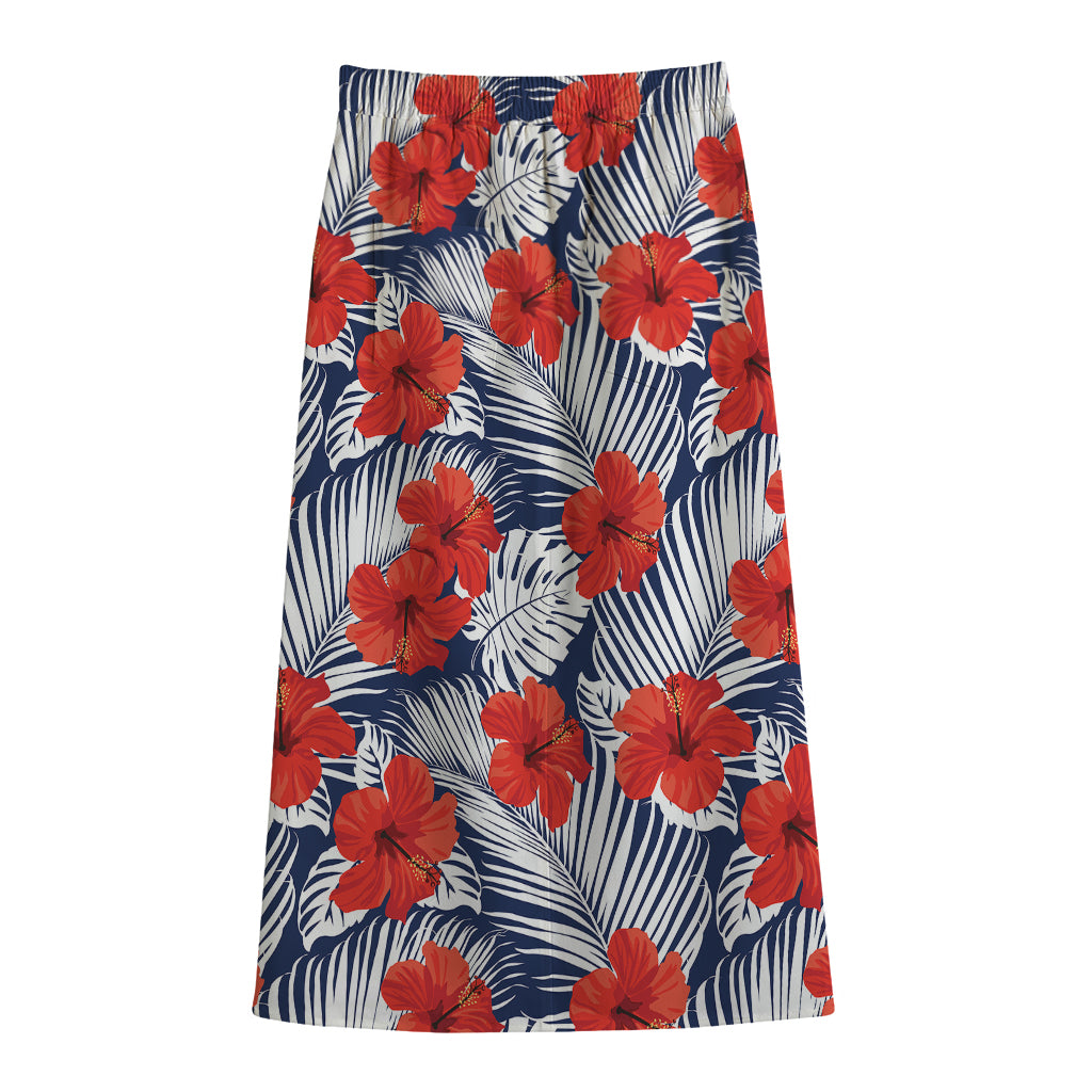 Red Hibiscus Tropical Pattern Print Cotton Front Slit Maxi Skirt