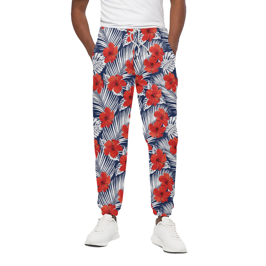 Red Hibiscus Tropical Pattern Print Cotton Pants