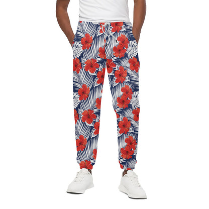 Red Hibiscus Tropical Pattern Print Cotton Pants