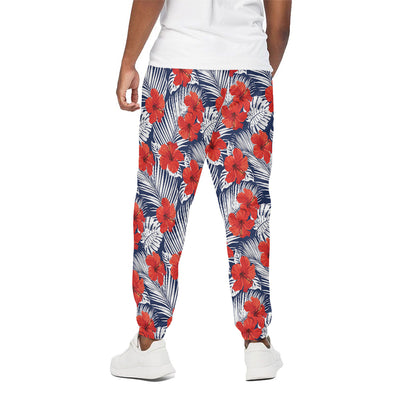 Red Hibiscus Tropical Pattern Print Cotton Pants