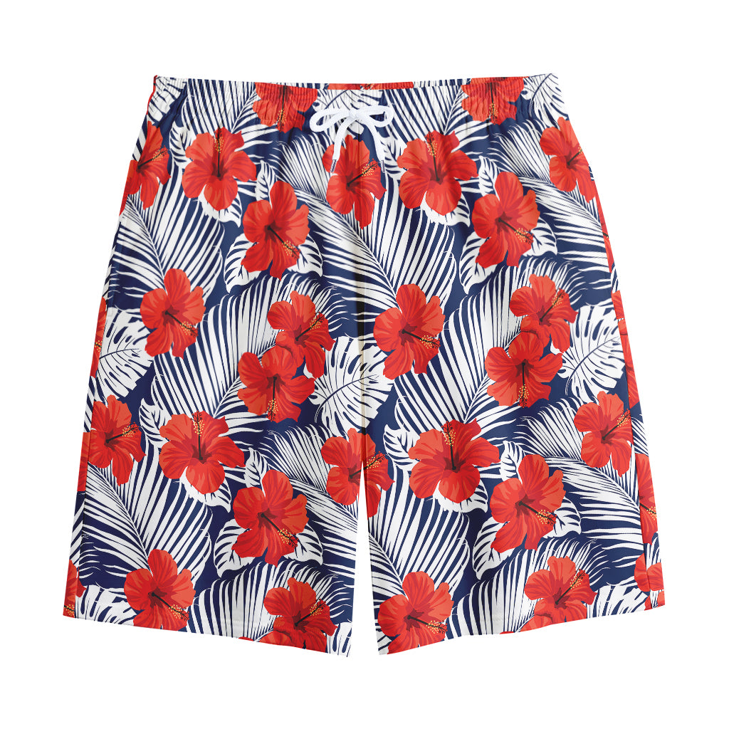 Red Hibiscus Tropical Pattern Print Cotton Shorts