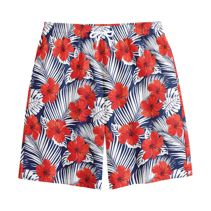 Red Hibiscus Tropical Pattern Print Cotton Shorts
