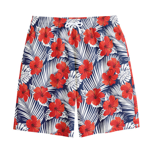 Red Hibiscus Tropical Pattern Print Cotton Shorts