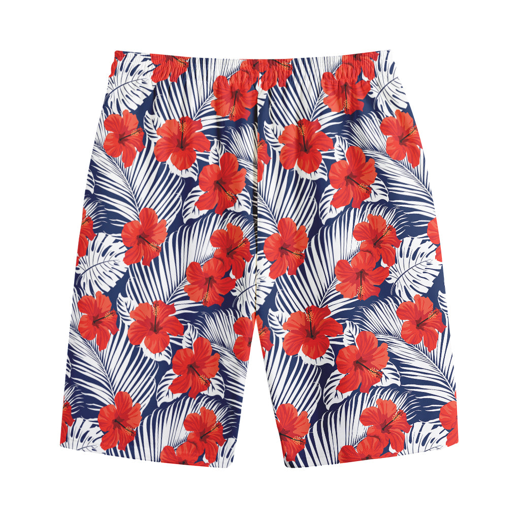 Red Hibiscus Tropical Pattern Print Cotton Shorts