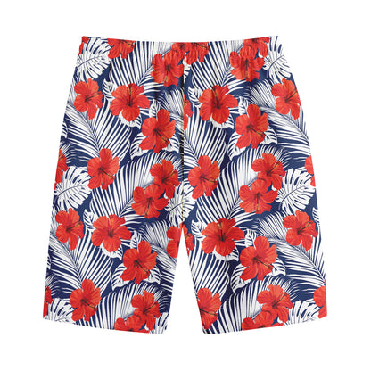 Red Hibiscus Tropical Pattern Print Cotton Shorts