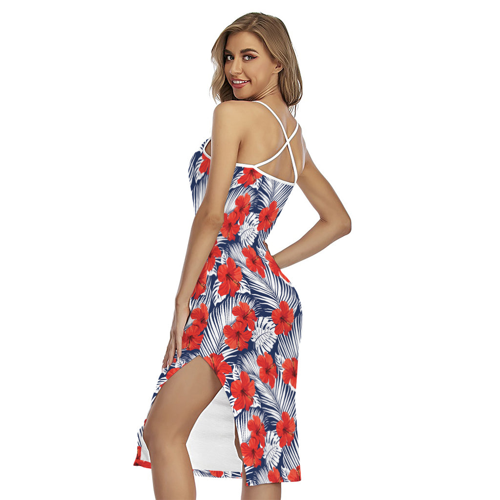 Red Hibiscus Tropical Pattern Print Cross Back Cami Dress