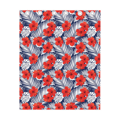 Red Hibiscus Tropical Pattern Print Curtain
