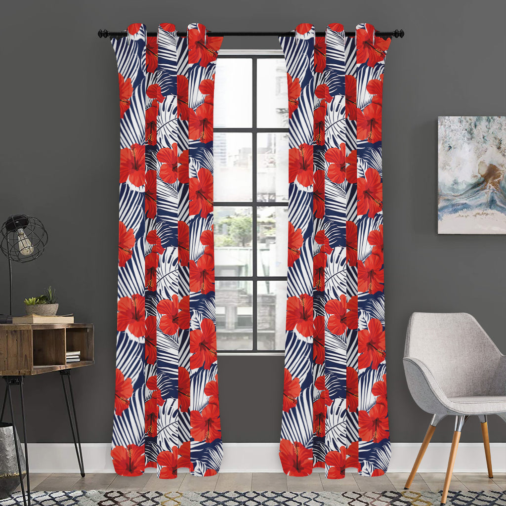 Red Hibiscus Tropical Pattern Print Curtain