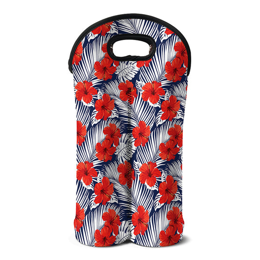 Red Hibiscus Tropical Pattern Print Double Neoprene Wine Tote