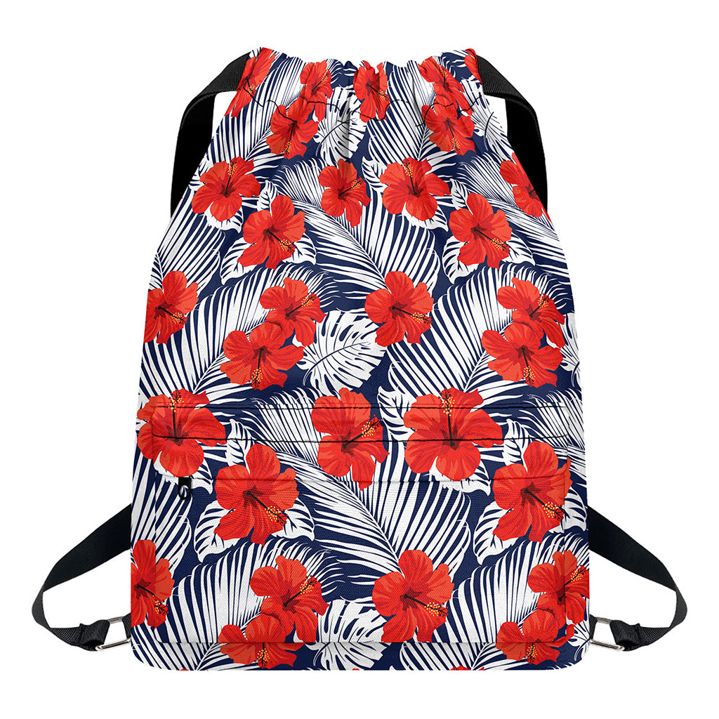 Red Hibiscus Tropical Pattern Print Drawstring Backpack