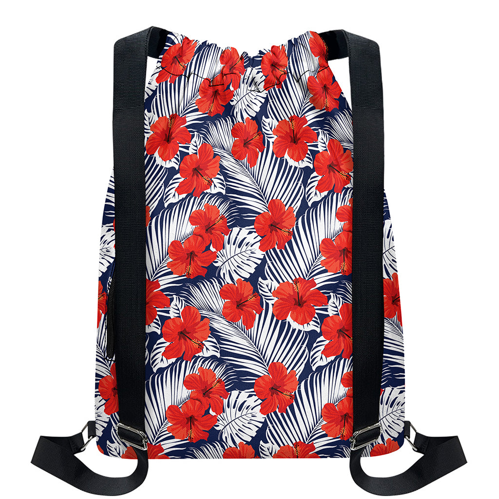 Red Hibiscus Tropical Pattern Print Drawstring Backpack