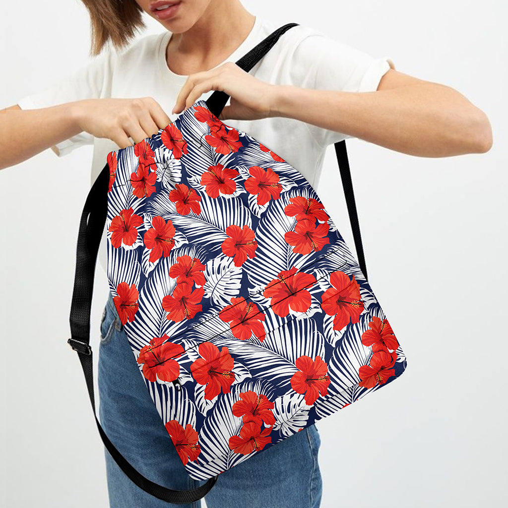 Red Hibiscus Tropical Pattern Print Drawstring Backpack