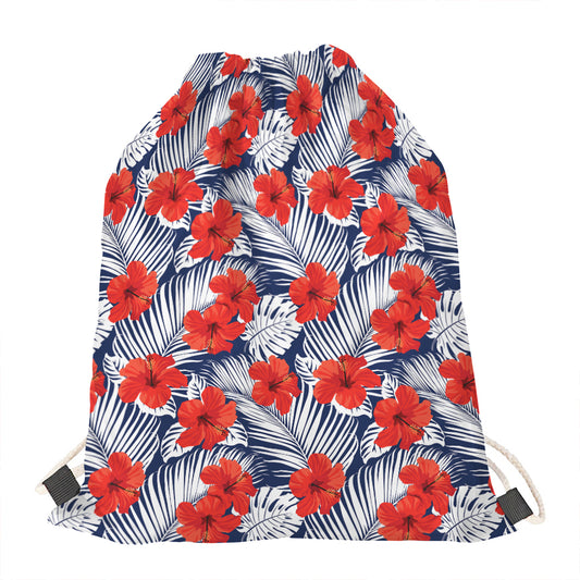 Red Hibiscus Tropical Pattern Print Drawstring Bag