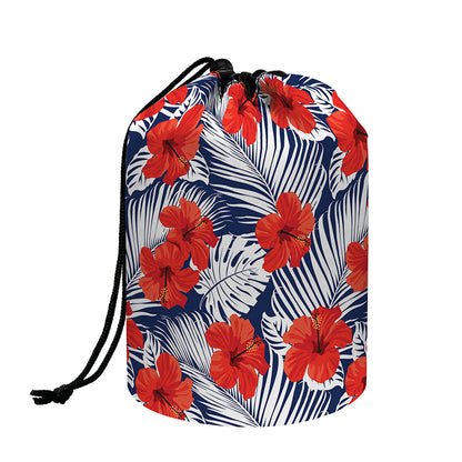 Red Hibiscus Tropical Pattern Print Drawstring Makeup Bag