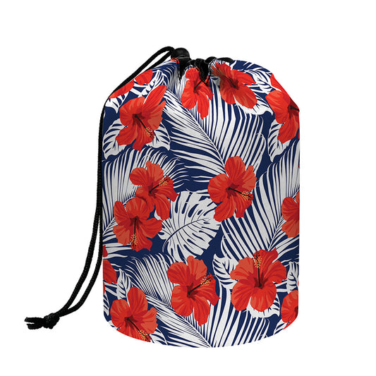 Red Hibiscus Tropical Pattern Print Drawstring Makeup Bag