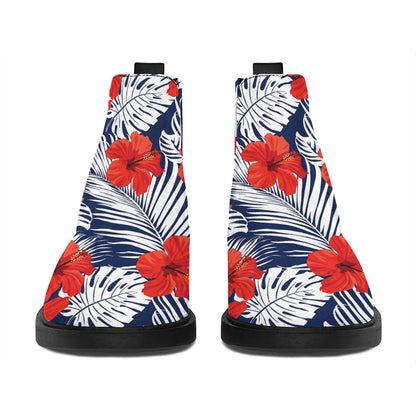 Red Hibiscus Tropical Pattern Print Flat Ankle Boots