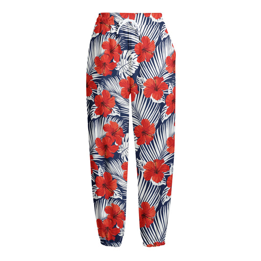 Red Hibiscus Tropical Pattern Print Fleece Lined Knit Pants