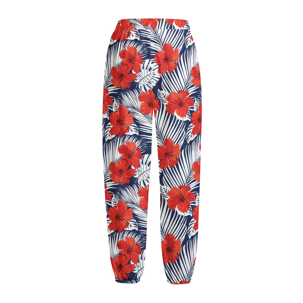 Red Hibiscus Tropical Pattern Print Fleece Lined Knit Pants