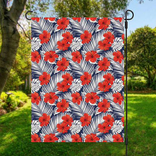 Red Hibiscus Tropical Pattern Print Garden Flag