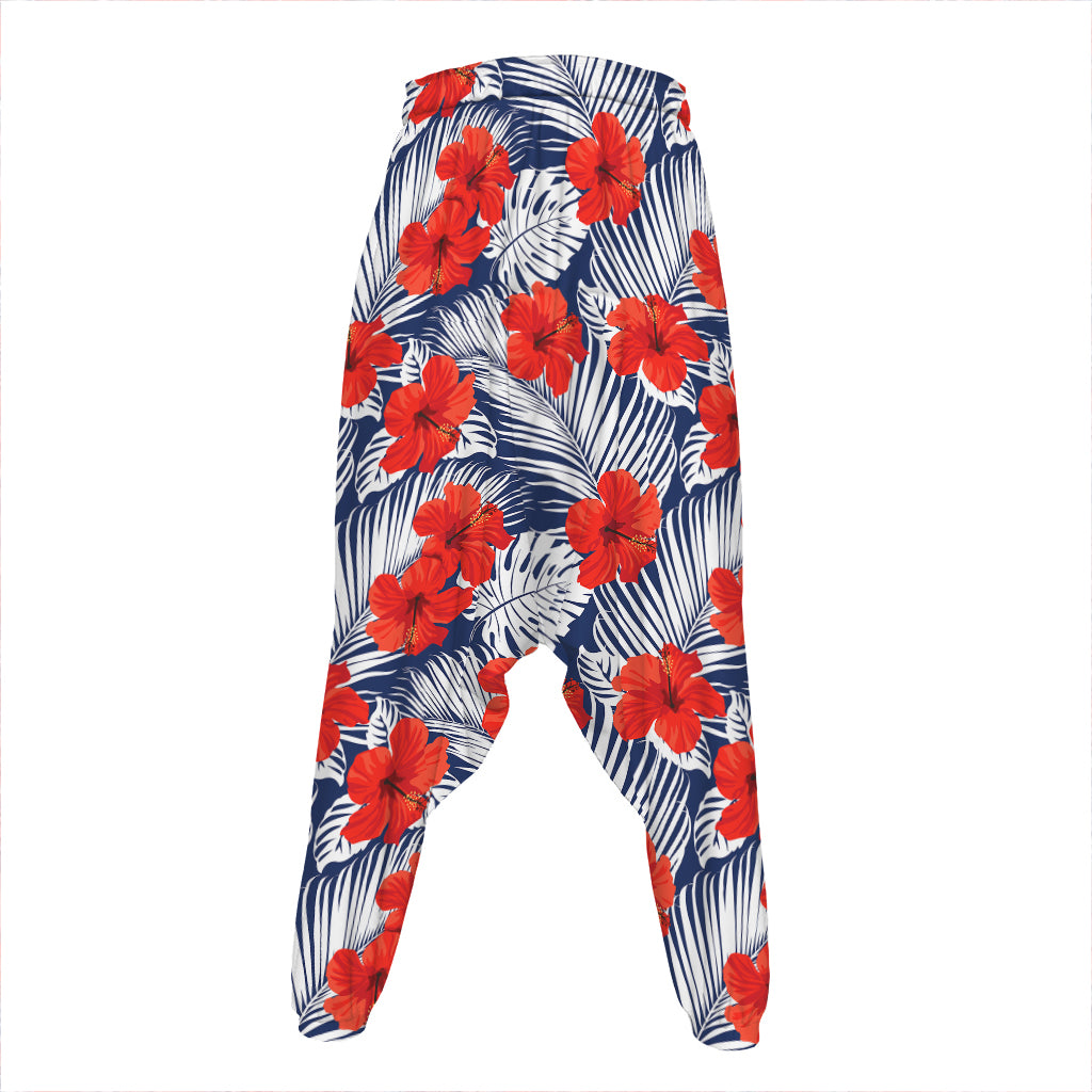 Red Hibiscus Tropical Pattern Print Hammer Pants