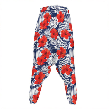 Red Hibiscus Tropical Pattern Print Hammer Pants