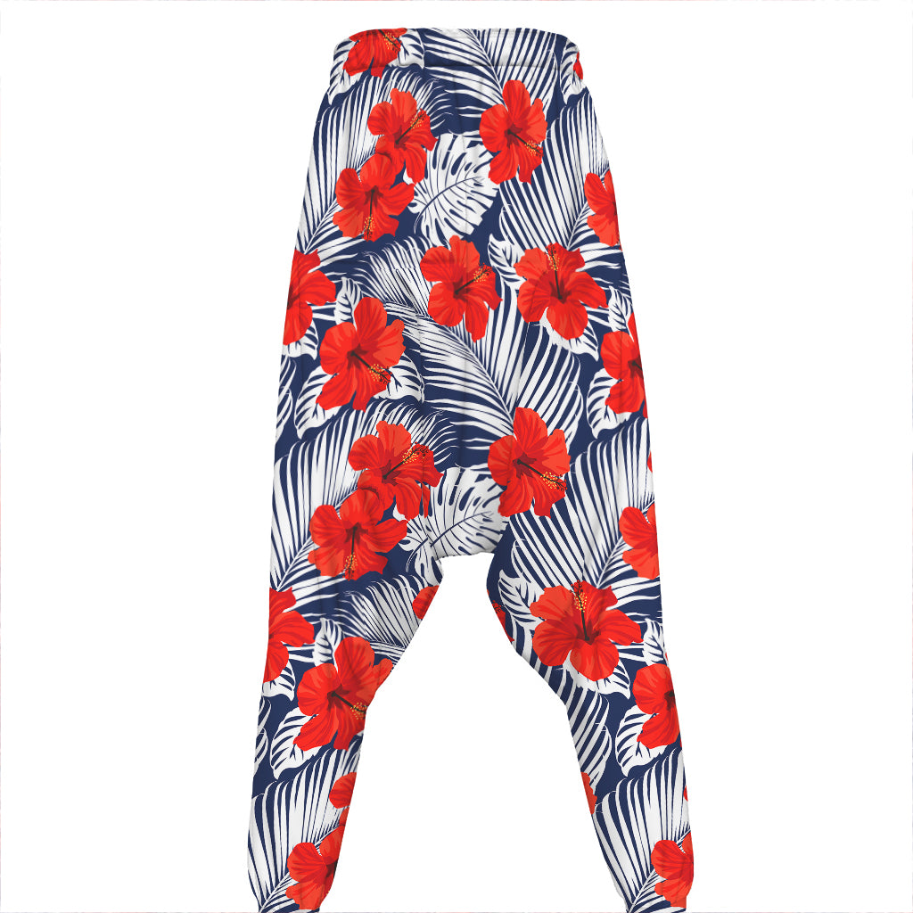 Red Hibiscus Tropical Pattern Print Hammer Pants