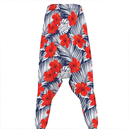 Red Hibiscus Tropical Pattern Print Hammer Pants