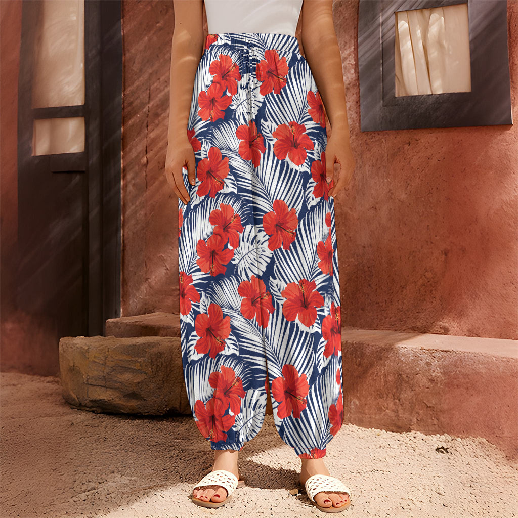 Red Hibiscus Tropical Pattern Print Harem Pants